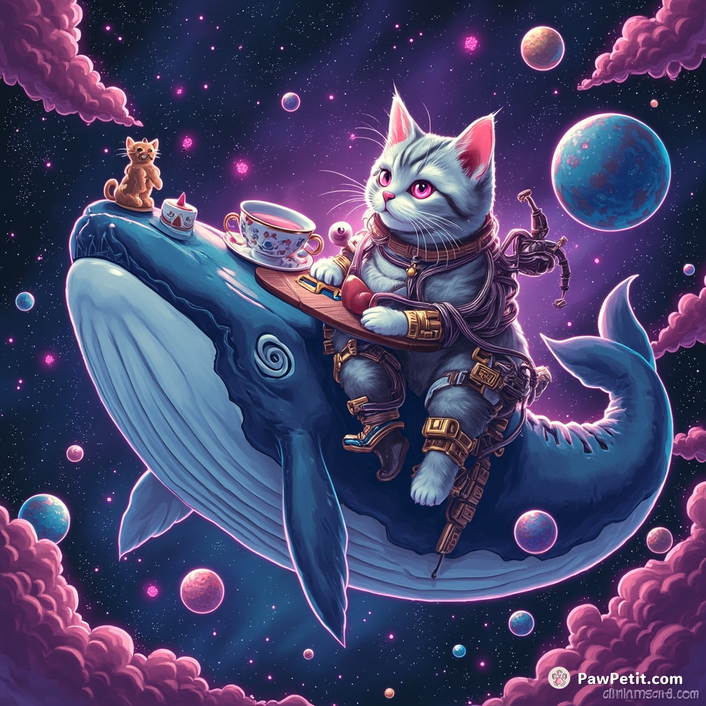 Cybernetic cat hosting a surreal tea party on the back of a floating whale in the middle of neon galaxy.
