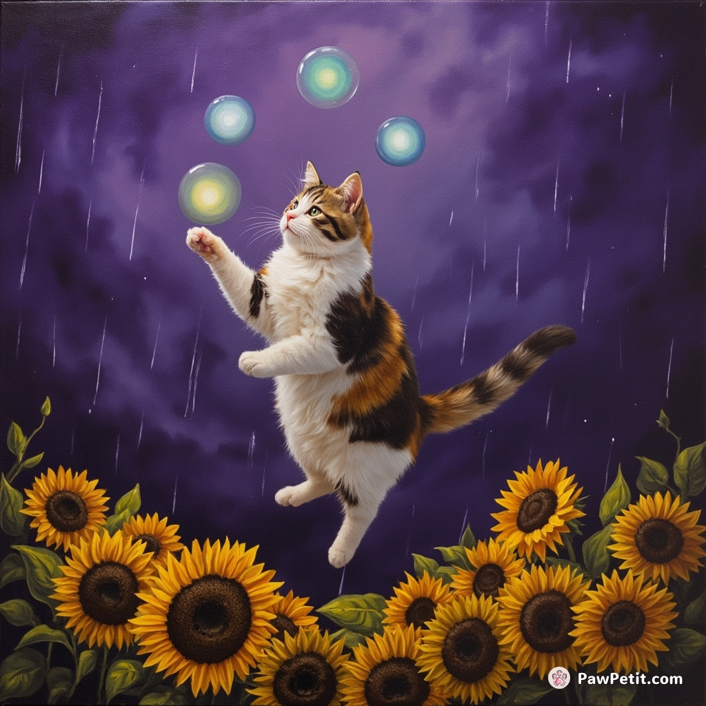 A calico cat juggling glowing orbs while levitating in a haunted sunflower field under purple hailstorm.