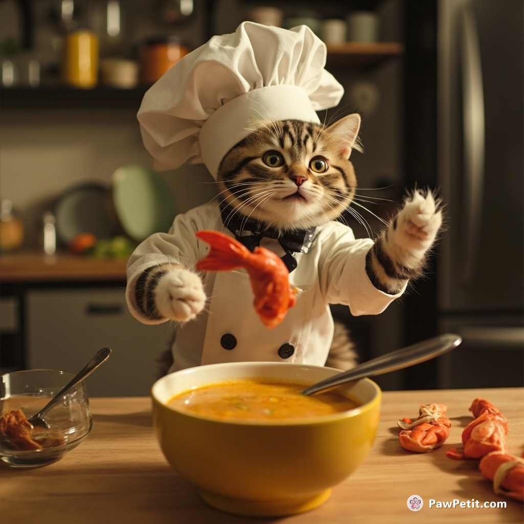 Cat chef: "Here’s your soup, human!" (Throws bowl, chases rolling fish toy across the kitchen)