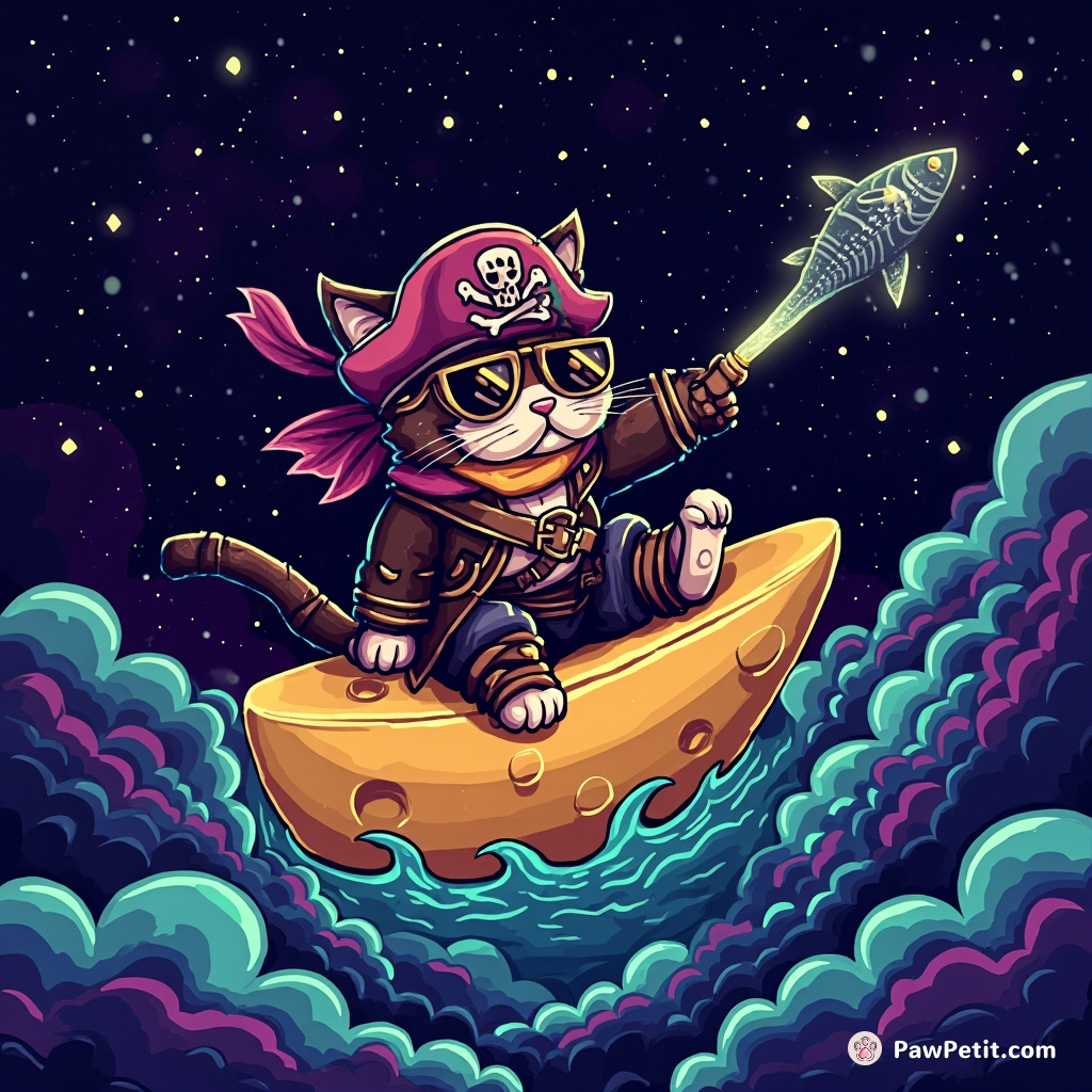 A neon cat pirate sailing the milky way in a cheese boot, throwing fish-shaped galaxy dust.