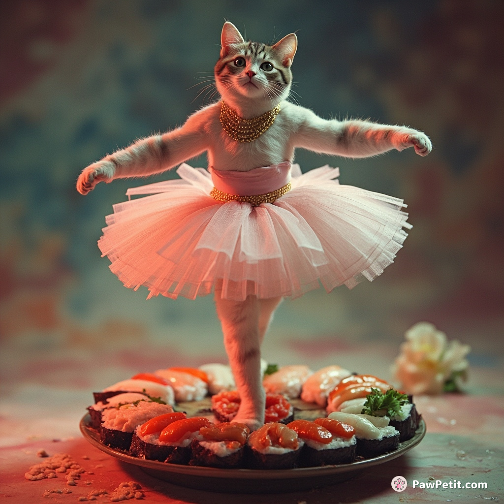 Cat doing an elegant swan lake ballet dance on top of a giant rotating sushi.