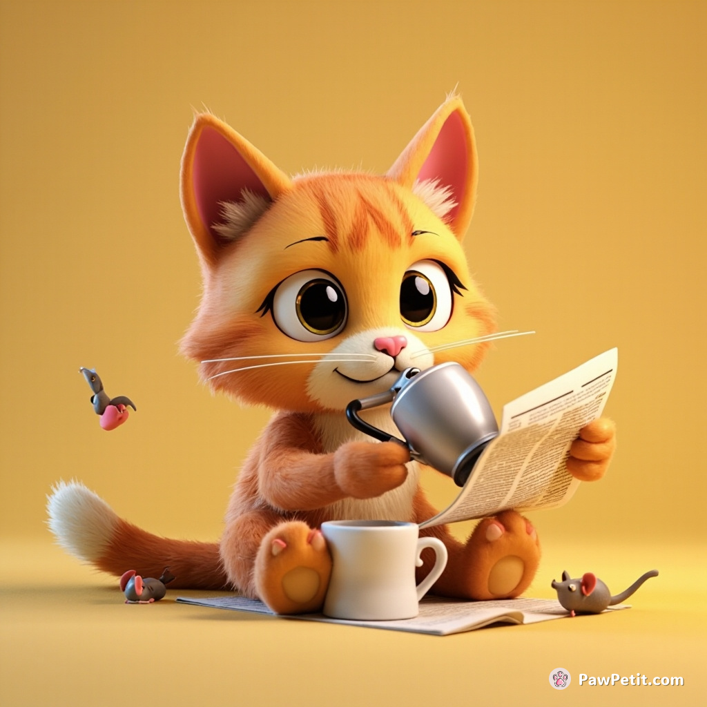 Cat spurns mouse chase, immerses in coffee brewing and newspaper reading – whimsical revolt to claim a human morning ritual.