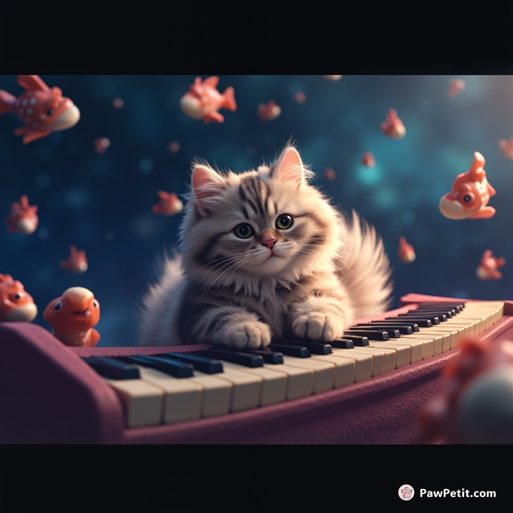 A Persian cat playing a spectral piano in outer space, surrounded by fish-shaped stars.