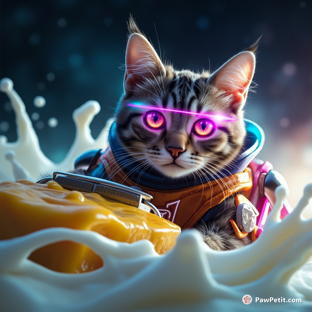Cyborg cat draped in pixelized neon garments, cautiously driving a cheese spaceship through galaxy of milk.