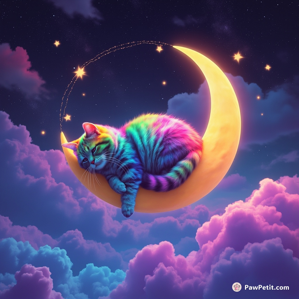 A rainbow cat stretched deeply on a floating crescent moon, fishing for the stars in the dreamland sky with its glowing, translucent whiskers.