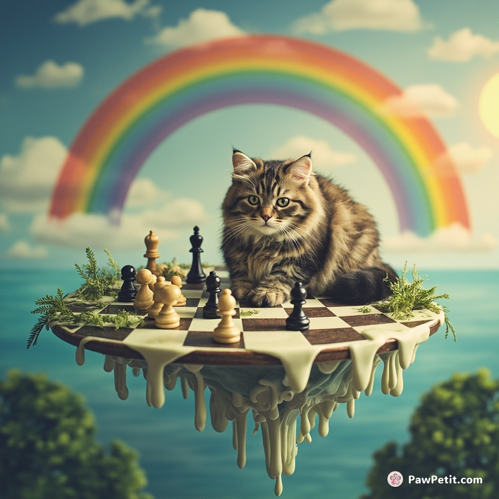 Cat playing chess on a melting checkerboard in a floating island, under an upside-down rainbow.