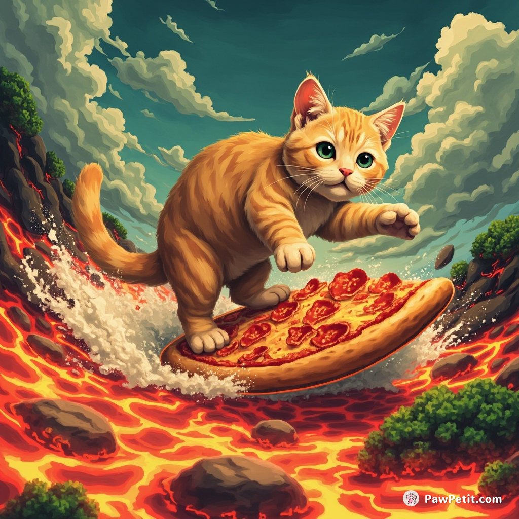Cat surfing on a slice of pepperoni pizza in lava ocean under a broccoli sky.