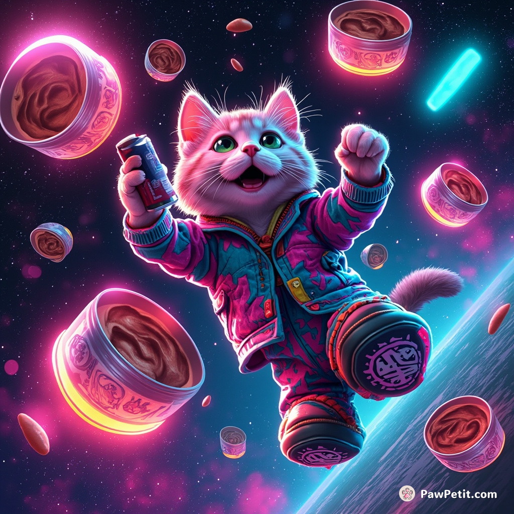 A neon graffiti street cat spray-painting floating tuna cans in zero gravity.