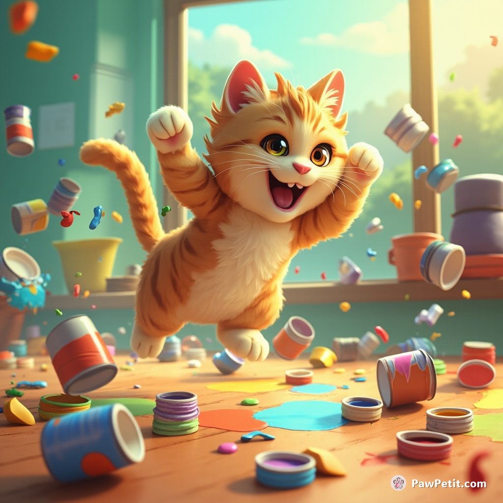 The cat leaps onto the table, knocking over paint cans in a chaotic frenzy.