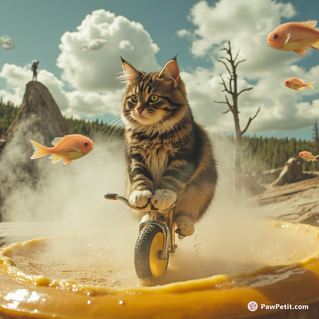Cat traversing on a unicycle across a cheesecake Yellowstone Park with bubble-blowing fish fiying as clouds.