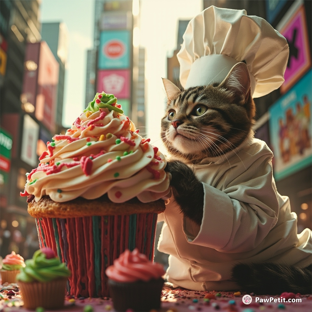 A cat wearing a pastry chef uniform, delicately frosting a skyscraper-sized cupcake in the heart of a candy-coated cityscape.