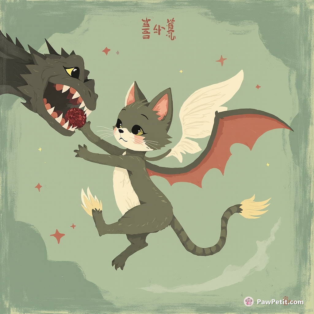 Mischievous whiskers, Paws McTwitch, soared high on enchanted wings to snatch, daring mid-flight, the cursed ruby from the dragon's claw.
