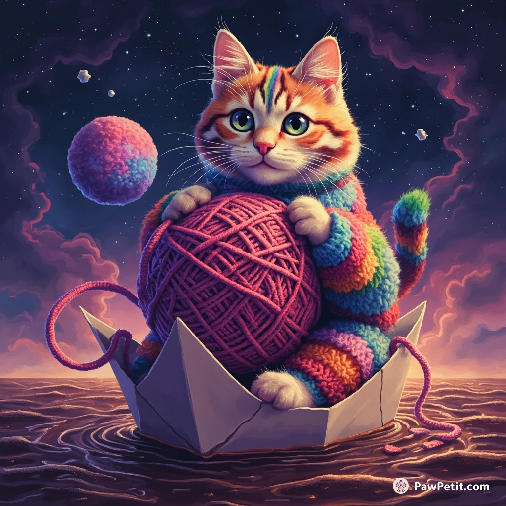 A two-headed, rainbow-striped cat knitting a giant ball of nebula yarn while sitting in an origami boat on top of hot chocolate sea.