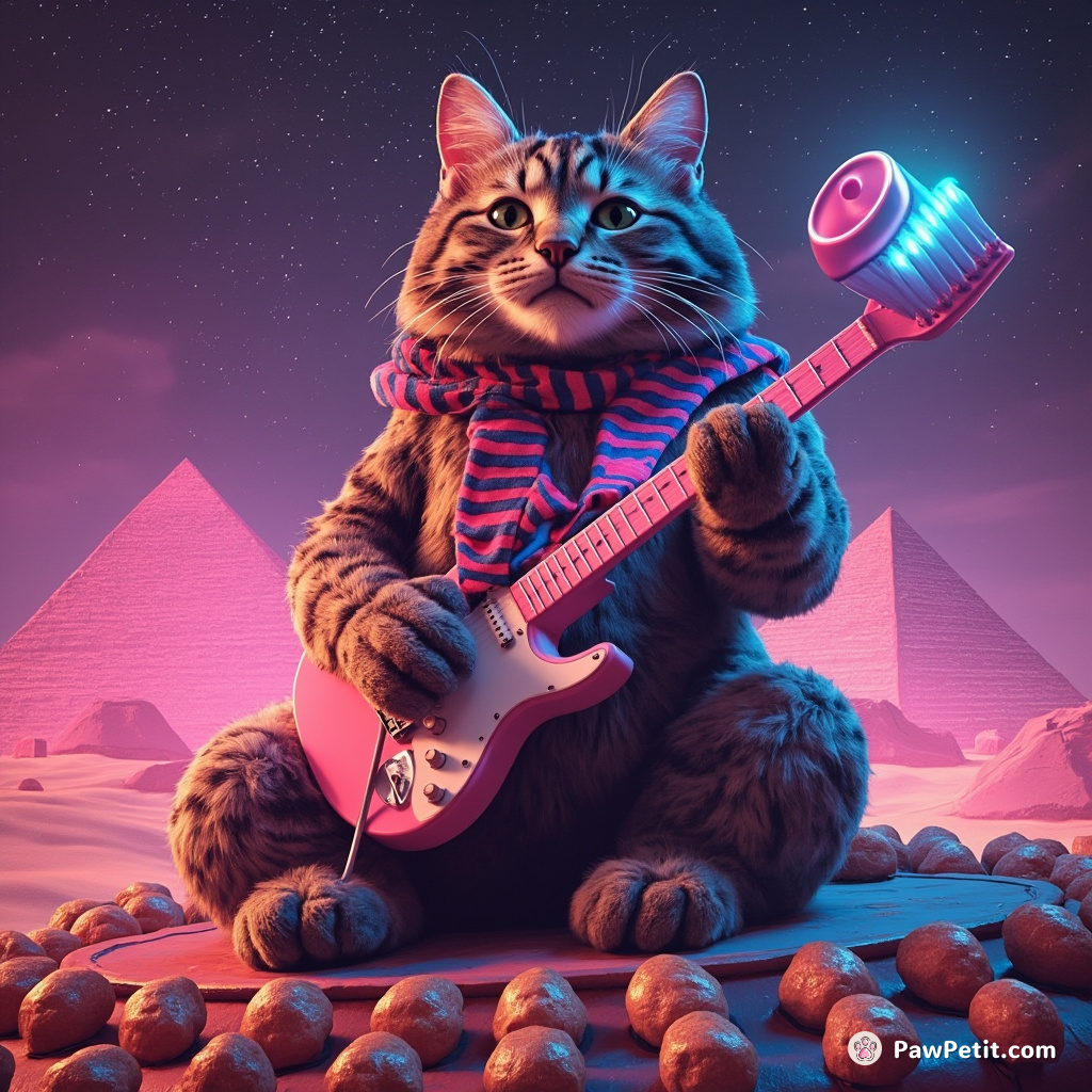 A giant cat using a toothbrush as a guitar, performing on top of Giza's largest pyramid under a choir of singing donuts.