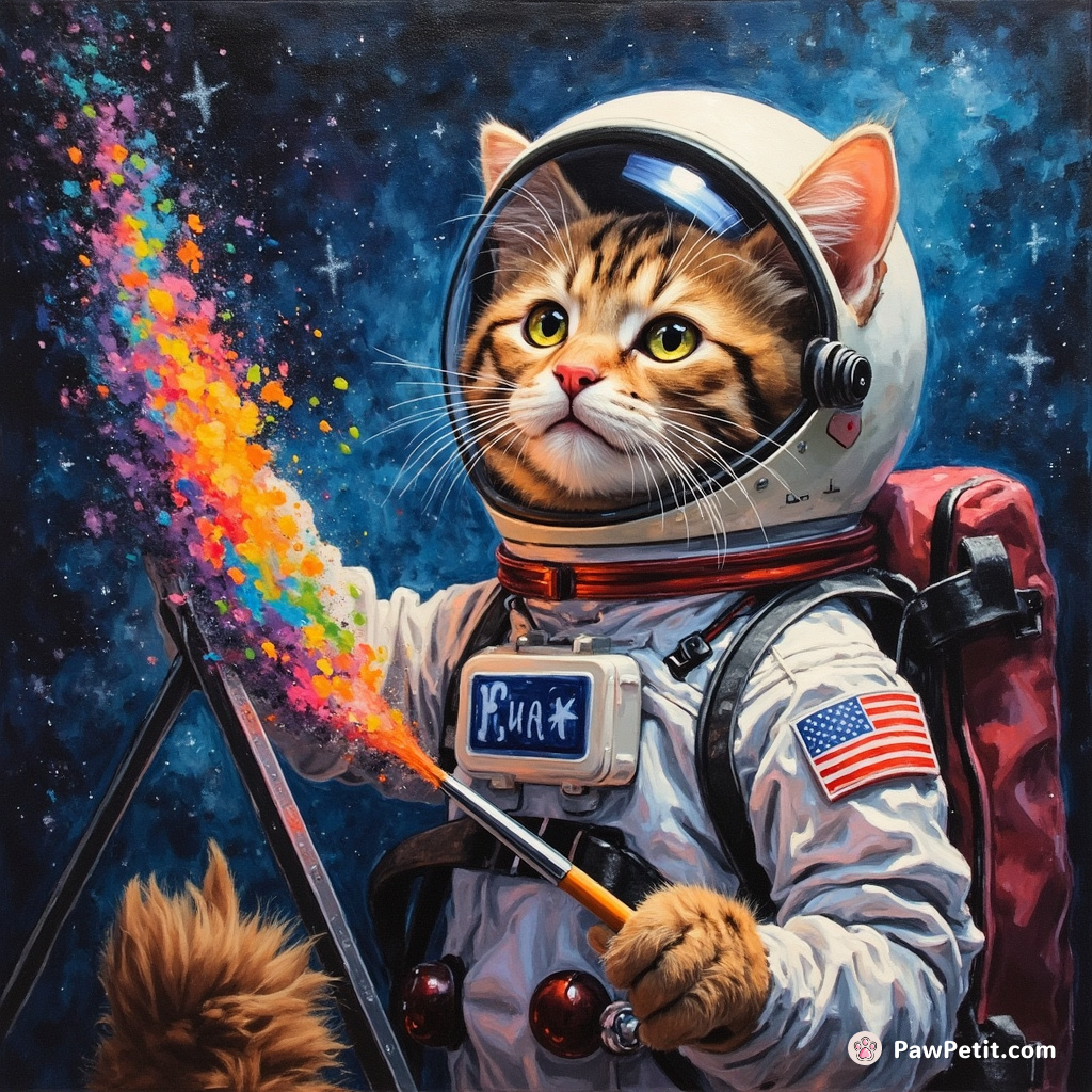 Cat, painting a self-portrait as an astronaut in space, using rainbow-colored comet brushes.