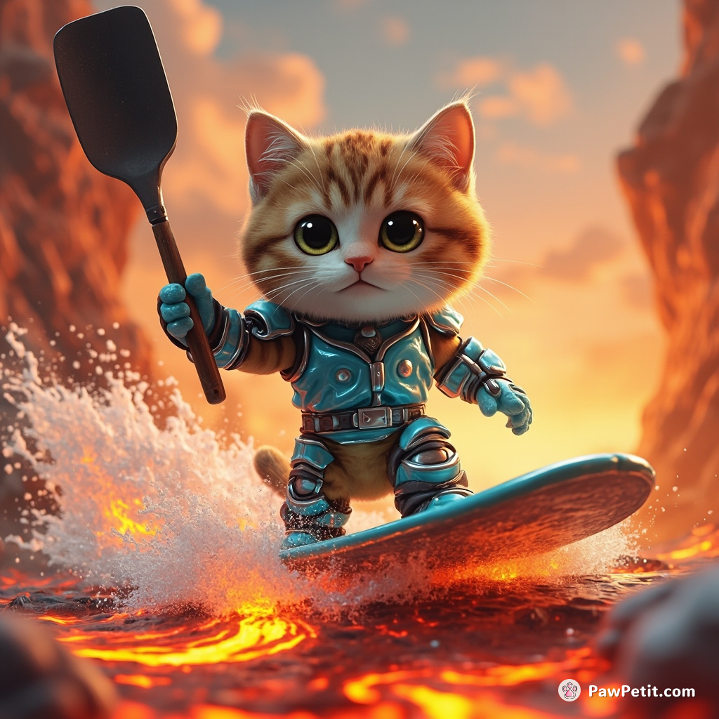 Cat surfing on a river of lava while wearing a custom suit of ice armor, gripping a spatula.