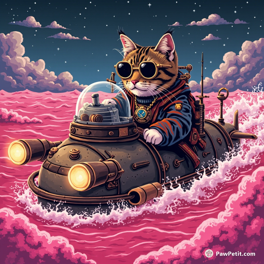 Steampunk cat steering a rusty submarine through a pink soda ocean.