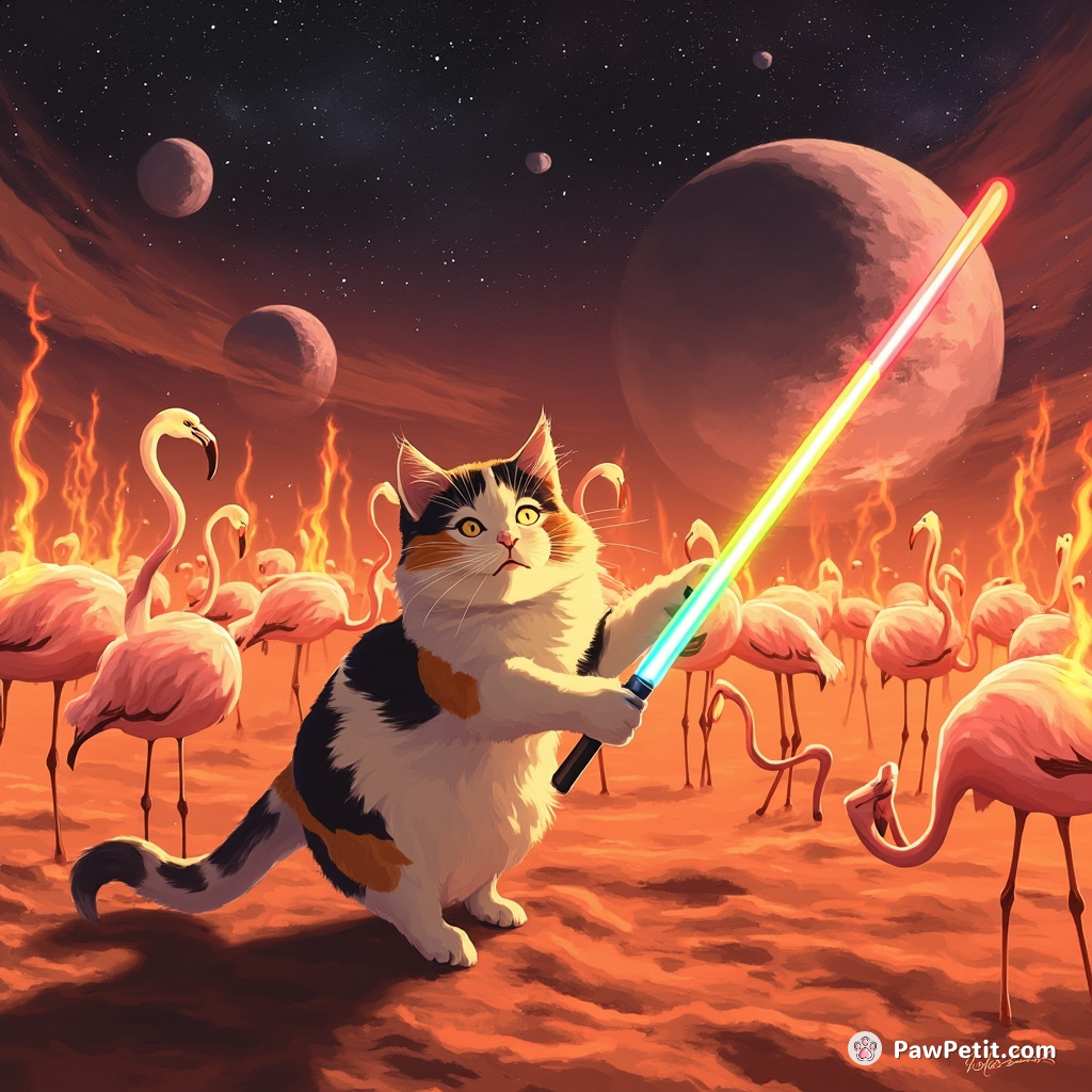 A graceful calico cat conducting a symphony of fire-breathing flamingos on Mars using a rainbow lightsaber baton.