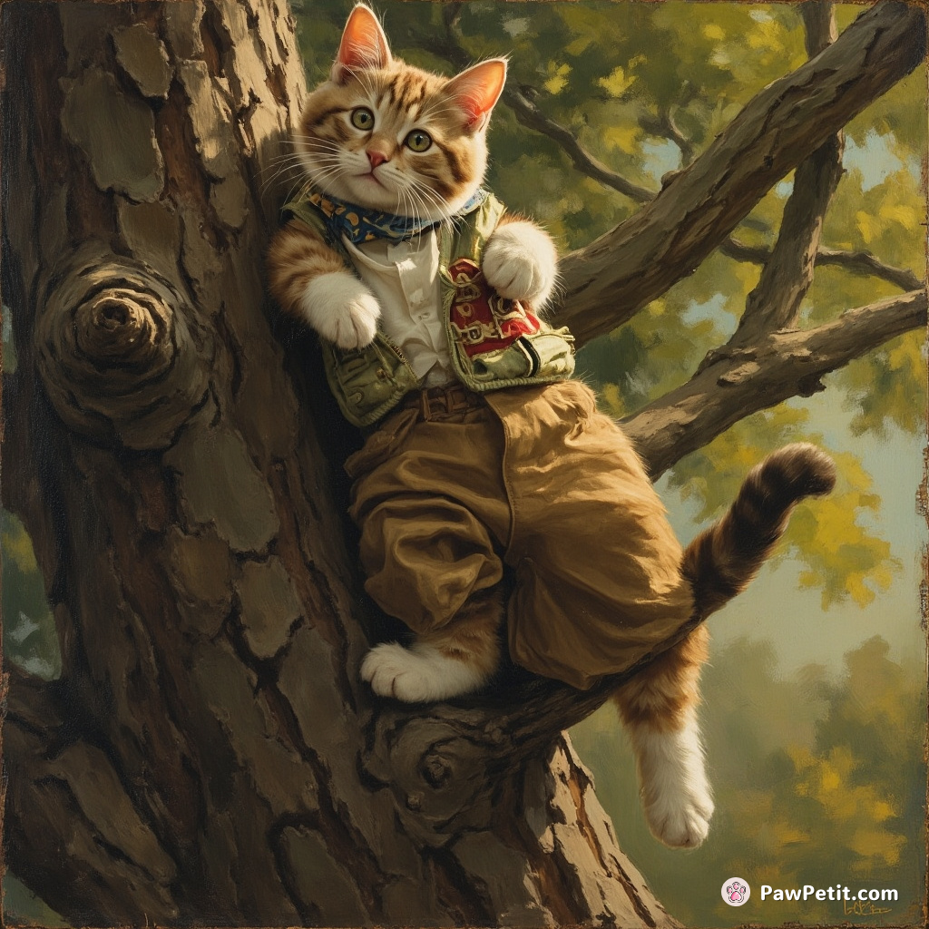 Cat scales tree like a pro, only to realize it's scared of heights, starts meowing for help like a fire alarm.