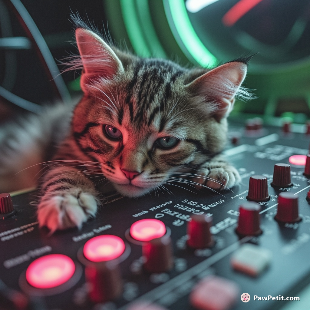 Whiskers, mid yawn, inadvertently orchestrates an interstellar gateway through the odd alien console primo interfaced with human brainwaves.