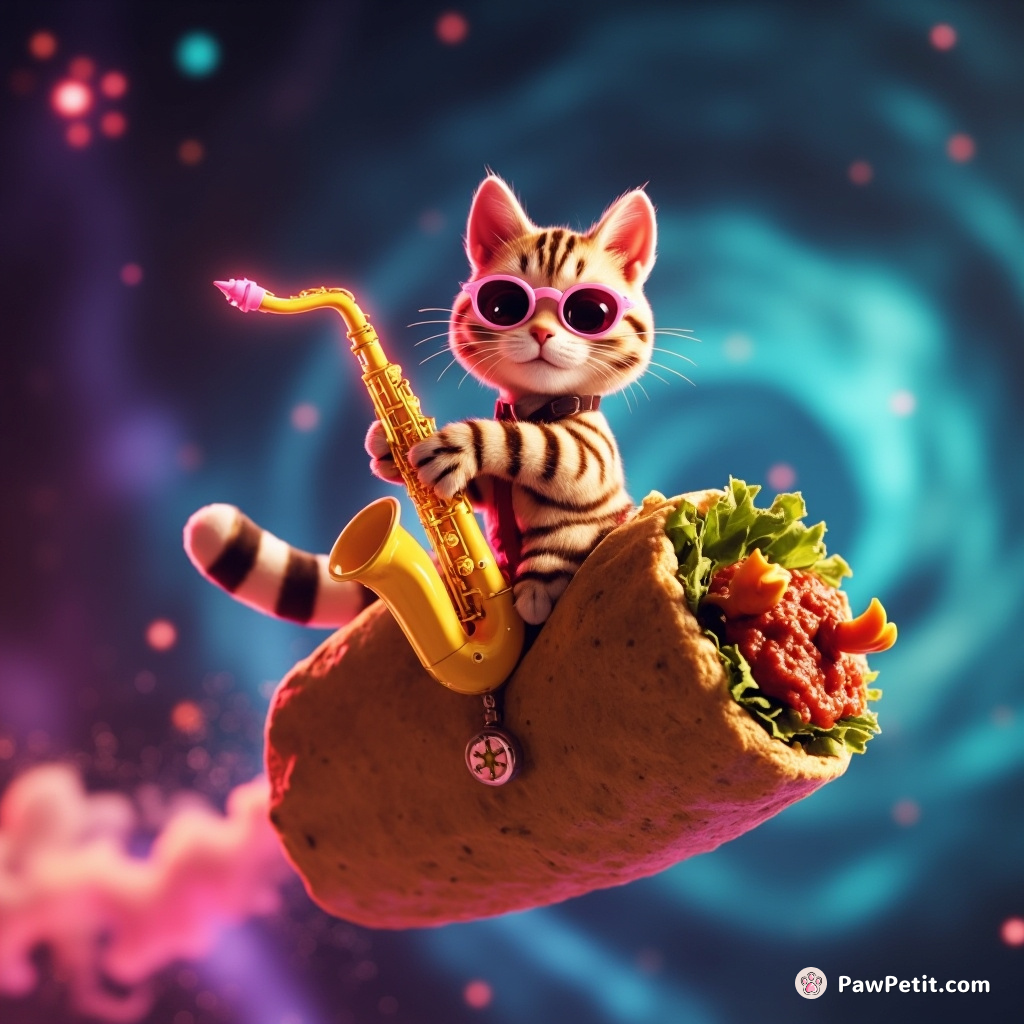 A tabby cat playing a neon saxophone while riding a flying burrito through a galactic vortex.