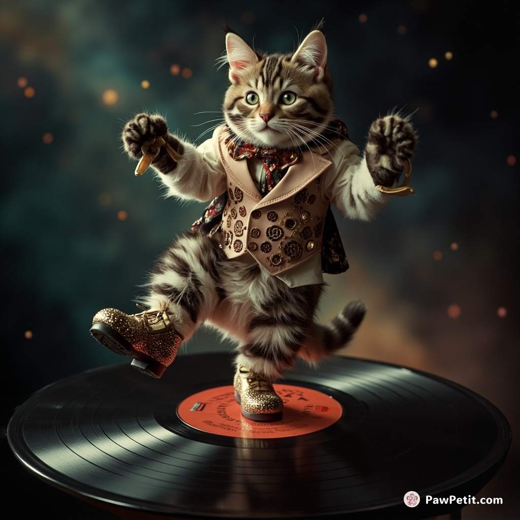 Cat gracefully tap-dancing on a vinyl record rotating in space, wearing sparkling tap shoes and an Edwardian waistcoat.