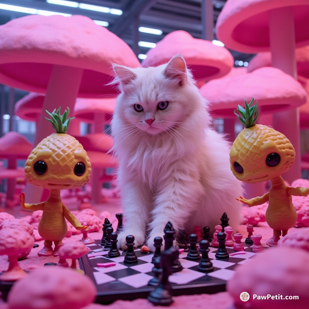 Giant cat playing 5D chess with pineapple-shaped aliens in a bubblegum pink mushroom forest.