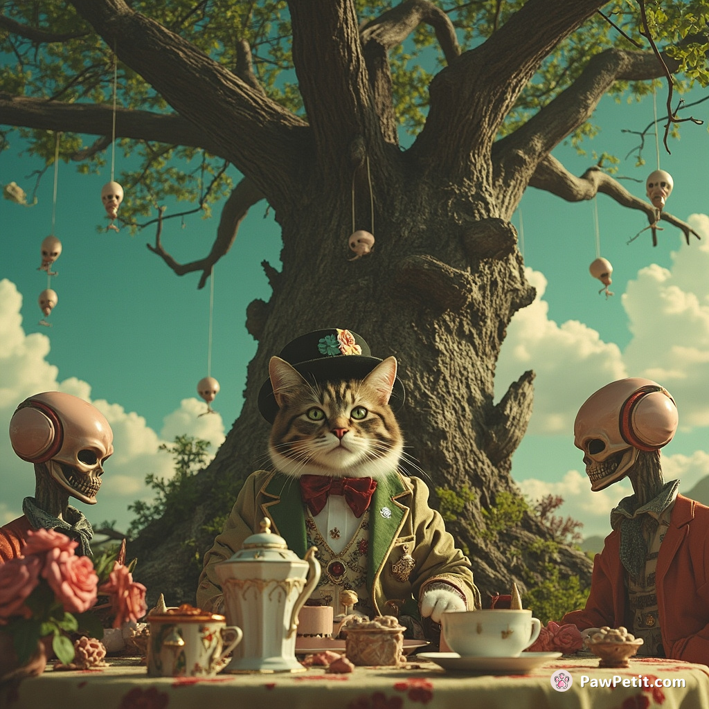 A cat in Victorian-era dress partaking a tea party with extraterrestrials under an uprooted, floating tree.