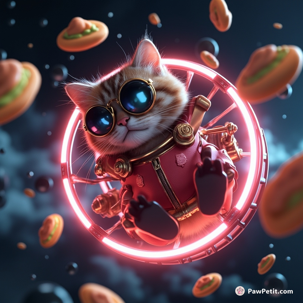 Steampunk cat riding a neon hamster wheel in zero gravity with nacho-shaped asteroids narrowly missing it.