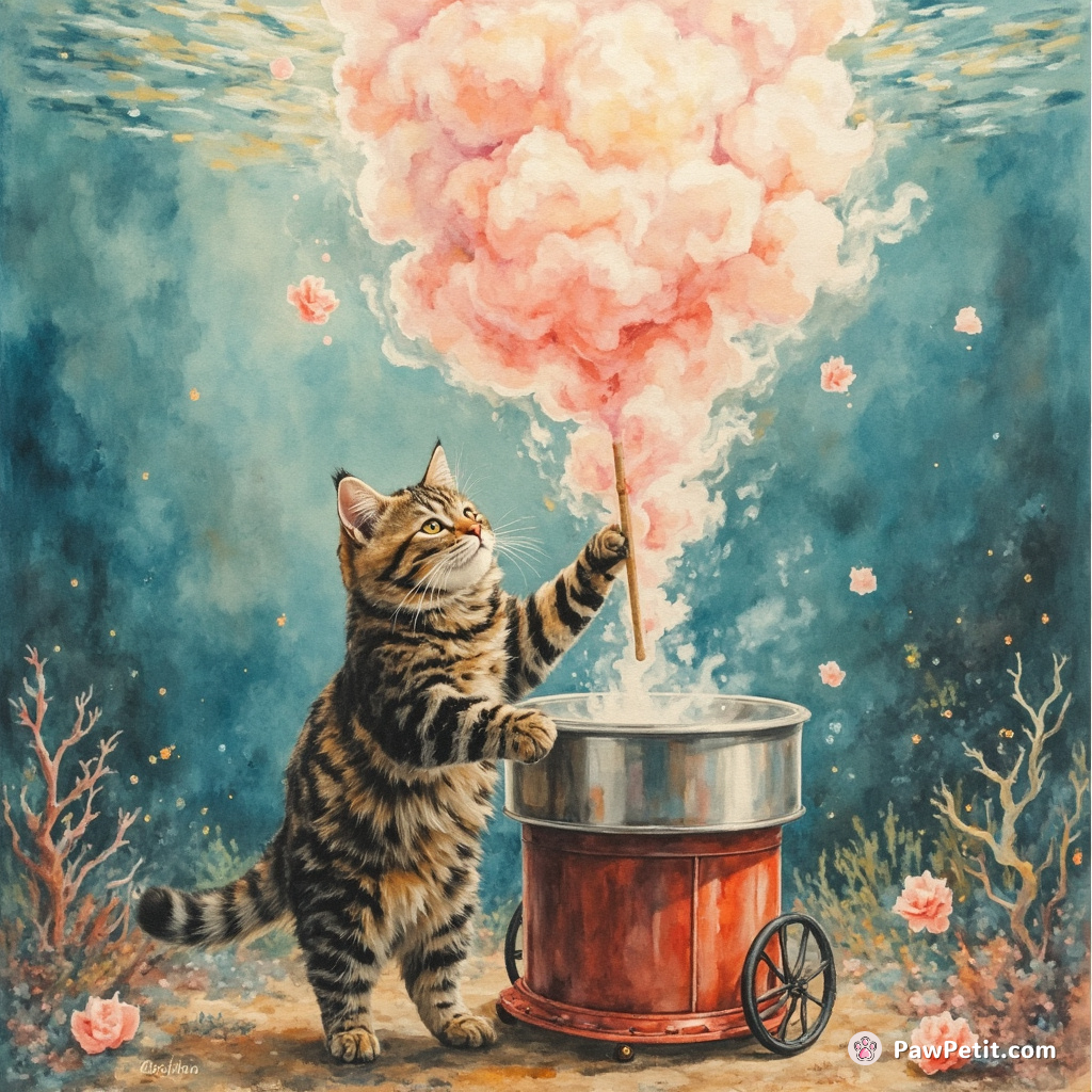 A tabby cat fanatically operating a steam-powered cotton candy machine in an underwater circus.