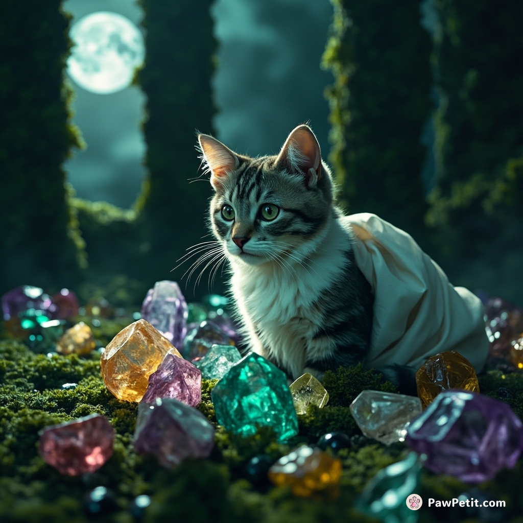 Regency style ghost cat polishing multicolored crystals in a moss-covered castle atrium - mysterious moonlight scene.
