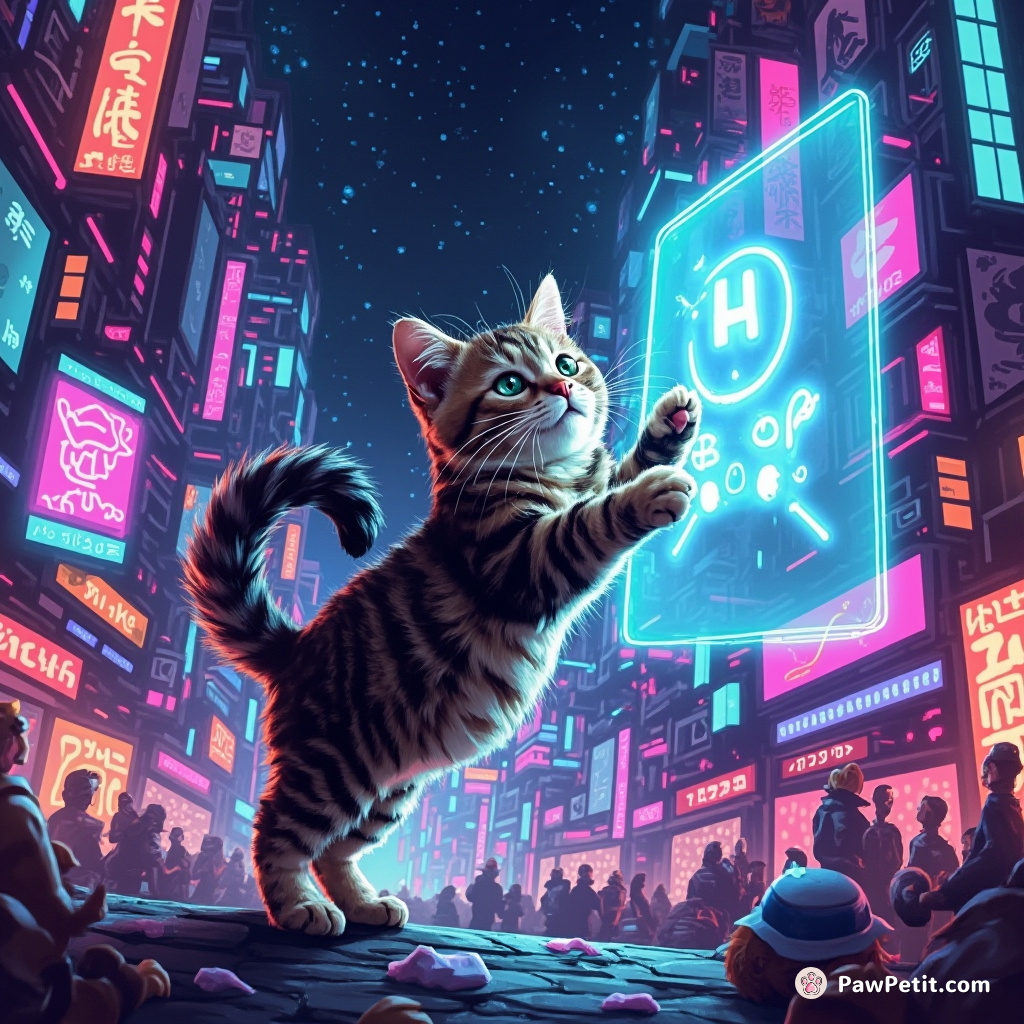 Amidst blinking neon, a feline agilely tail-swipes a floating hologram, deftly navigating an ultramodern metropolis of digital bewilderment.