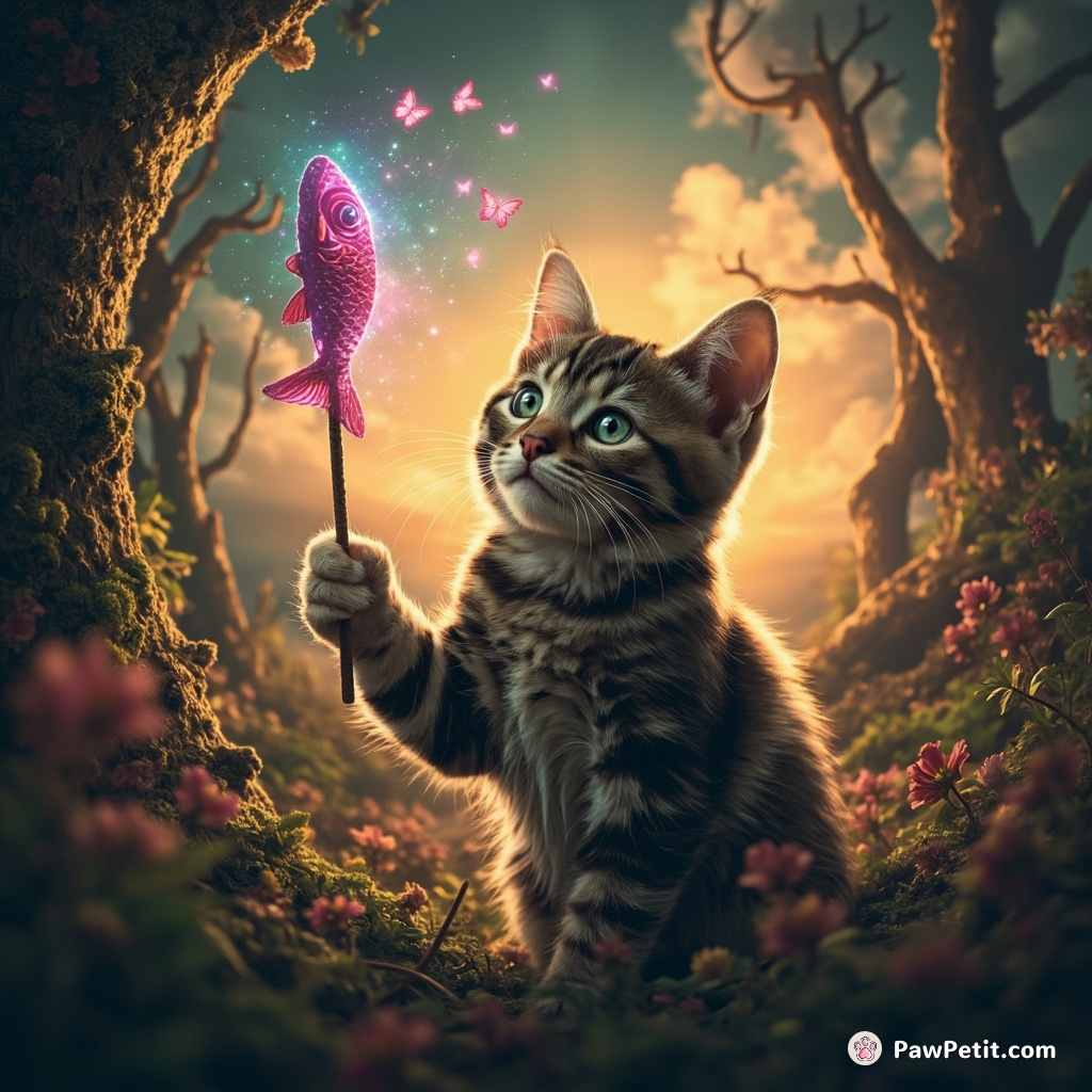 Cosmic cat using a fish-shaped wand to paint neon butterflies in an upside-down forest at dawn.