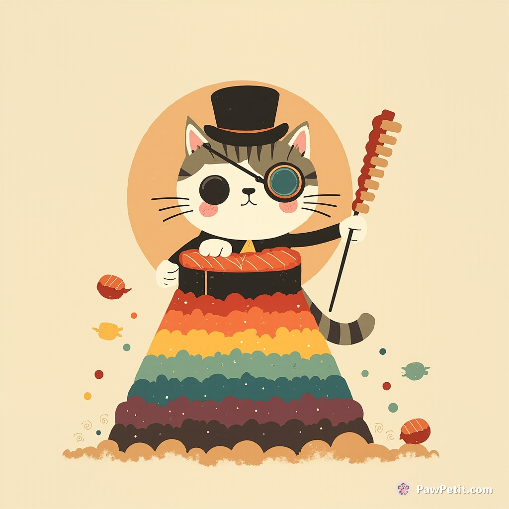Steampunk cat in a monocle and top hat conducting an unseen orchestra with a fishbone baton atop rainbow sushi mountain.