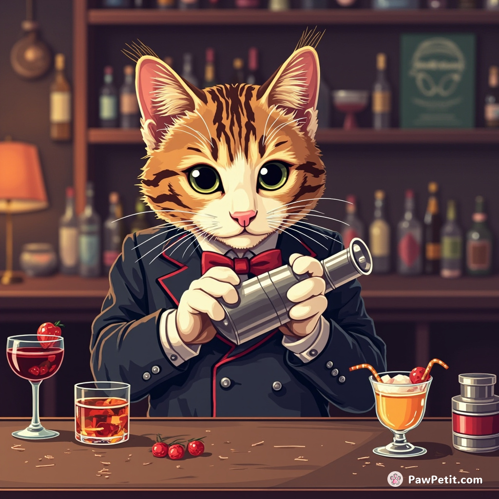 The cat straightens a tiny cocktail jacket, then meticulously shakes paw-crafted cocktails in an elegant curt twitch/meow mix.