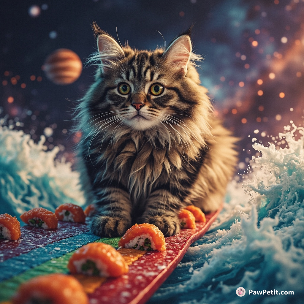 Giant cat surfing on rainbow waves of sushi in cosmic space-party.