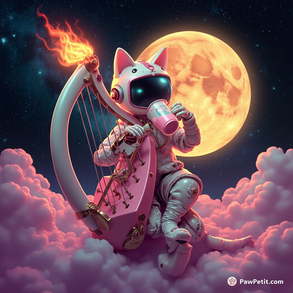 Cybernetic cat playing a flaming harp on the moon, sipping space milk tea.