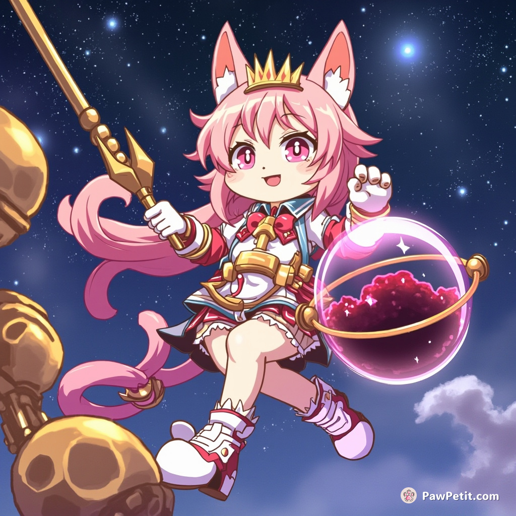StarBetty, the reigning galactic tabby, precisely flipped levers, operating a jelly-powered astronomical crane with poised li-Kinetic skill.