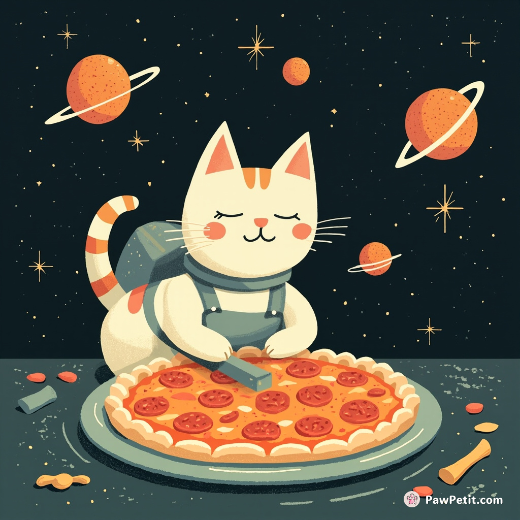 A cat baking a galaxy-themed pizza in zero gravity with floating pepperoni planets.