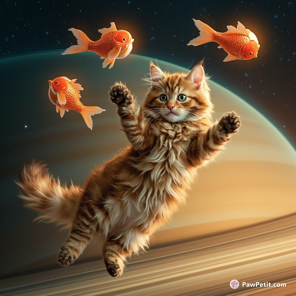 A flaming cat juggling fish-shaped celestial orbs while doing a pirouette on Saturn's rings.