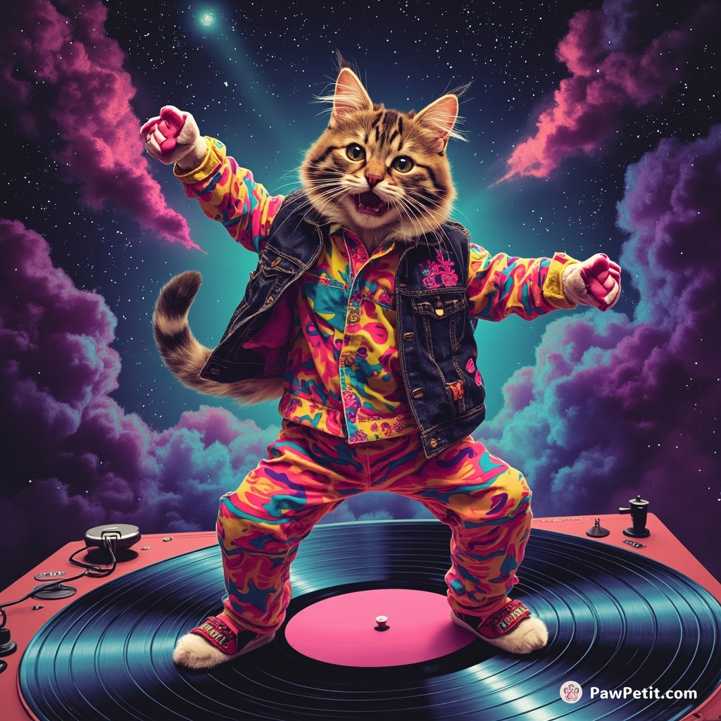 A cat breakdancing on a vinyl record, in vibrant '80s attire, amidst floating cosmic nebulae.