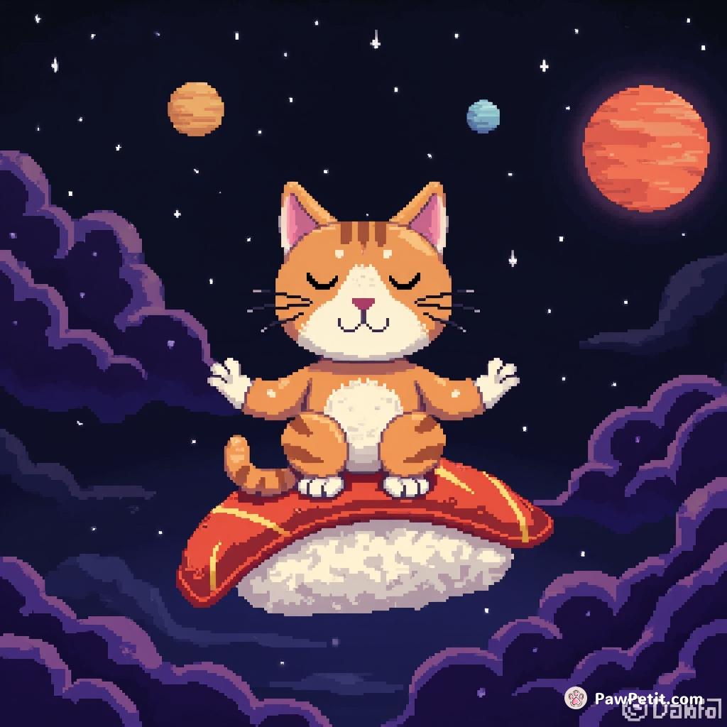 Cat doing yoga on a floating sushi roll in outer space.