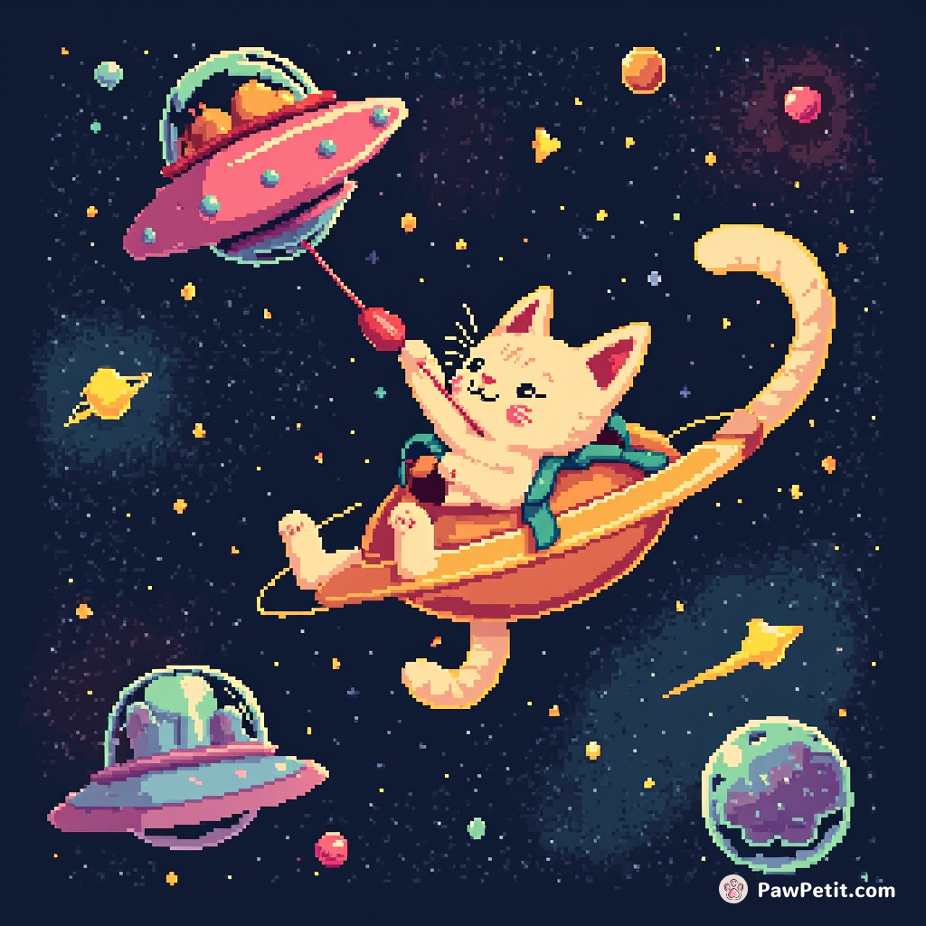 Orbiting space cat playfully batting at flying saucers, propelling them like cosmic cat toys.
