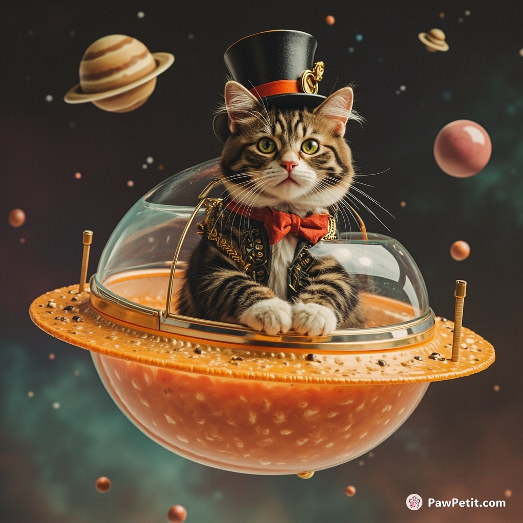 Steampunk cat with top hat operating a translucent ginger biscuit spaceship in a soup bowl universe.