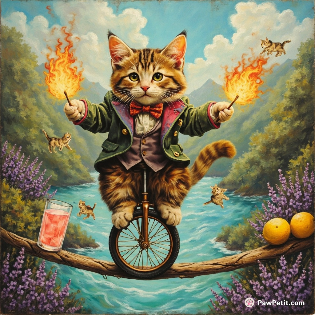 A cat riding a monocycle on a tightrope across a river of lavender lemonade while juggling fire alley cats.