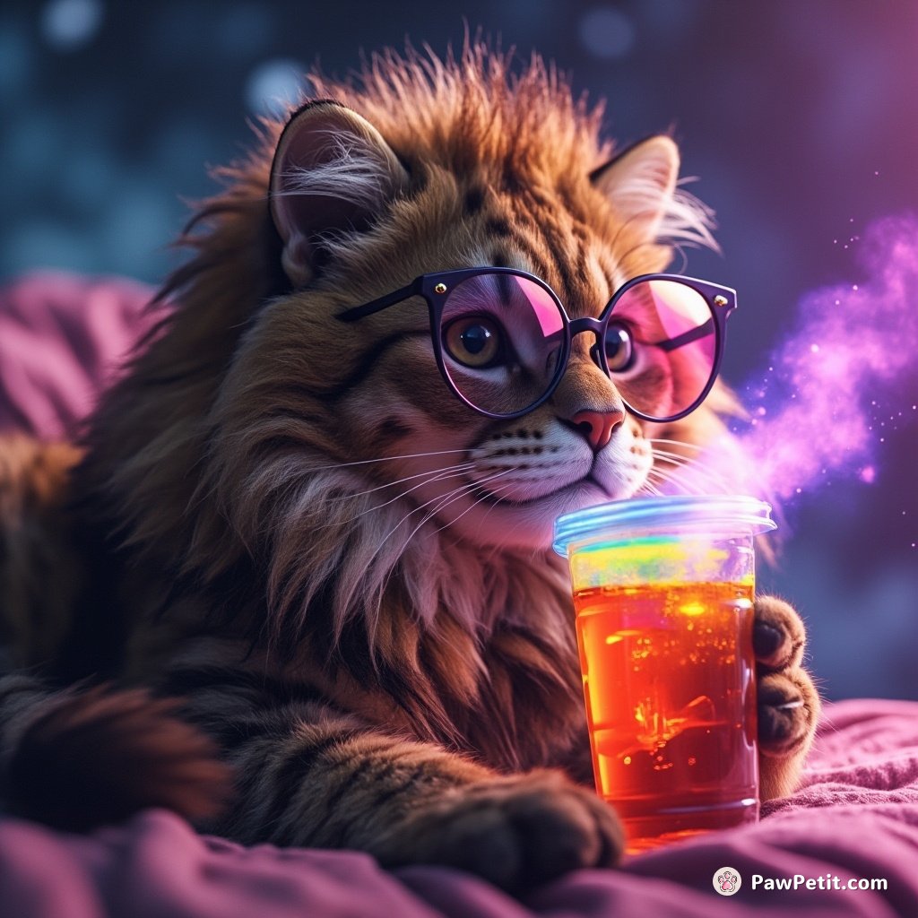 Hipster lion-sized cat sipping luminescent rainbow tea in zero gravity.