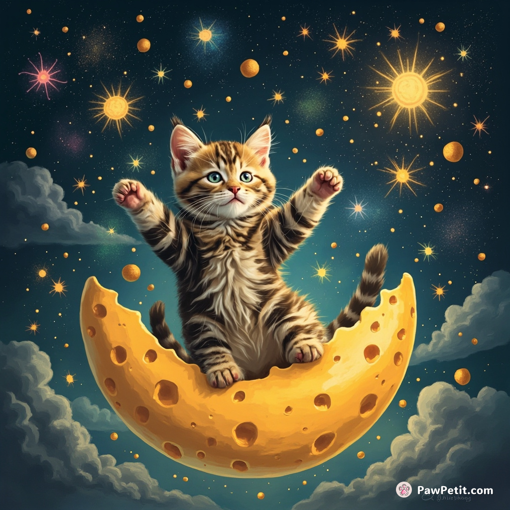 A cosmic kitten juggling tiny galaxies while floating on a cheese moon.