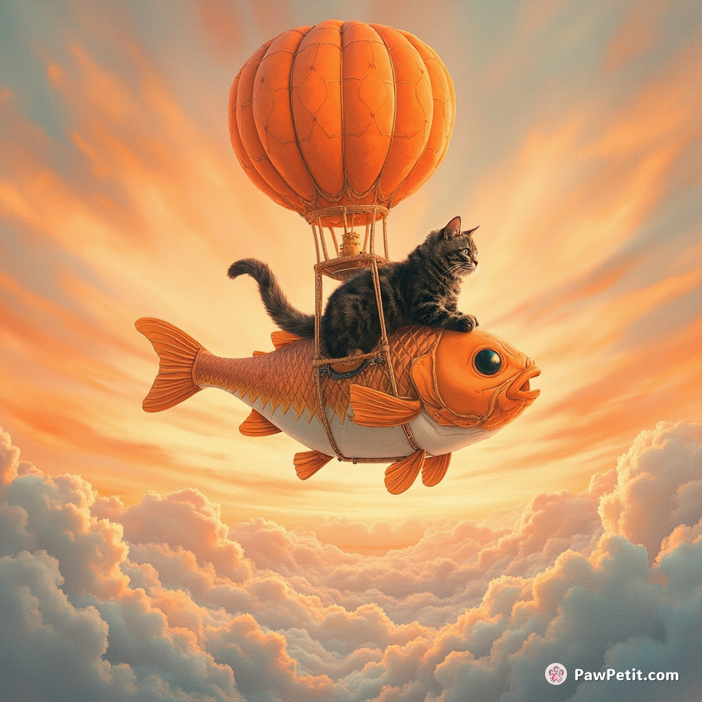 A gothic steampunk cat piloting a vintage hot air balloon shaped like a giant fish, soaring above candy cotton mountains under an orange soda sunset.