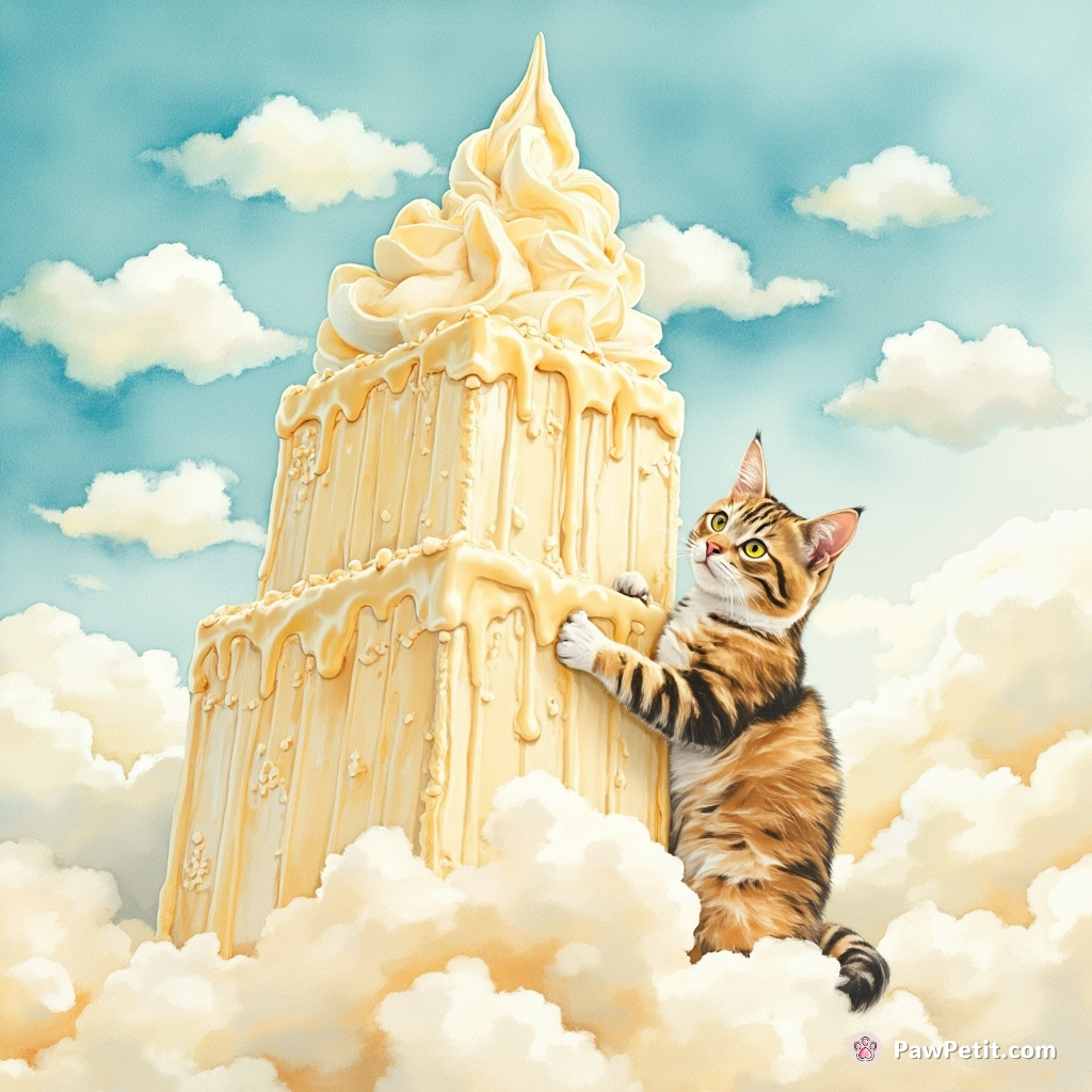 A tabby cat scaling a skyscraper made of melting vanilla ice cream while voluptuous clouds beg for her autograph.