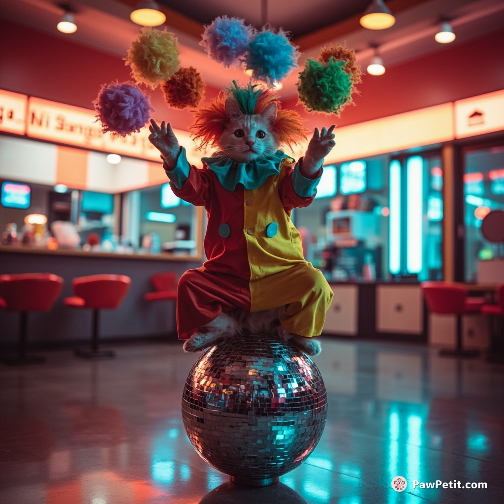 Clown cat expertly juggling hairballs on a reflective disco ball rotating in the middle of a neon hamburger joint.